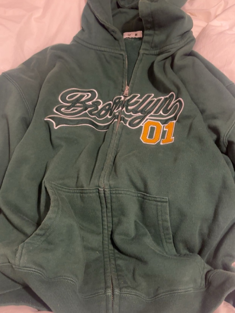 Garage Green Zip-Up Hoodie with Brooklyn Script and Yellow '01' Patch